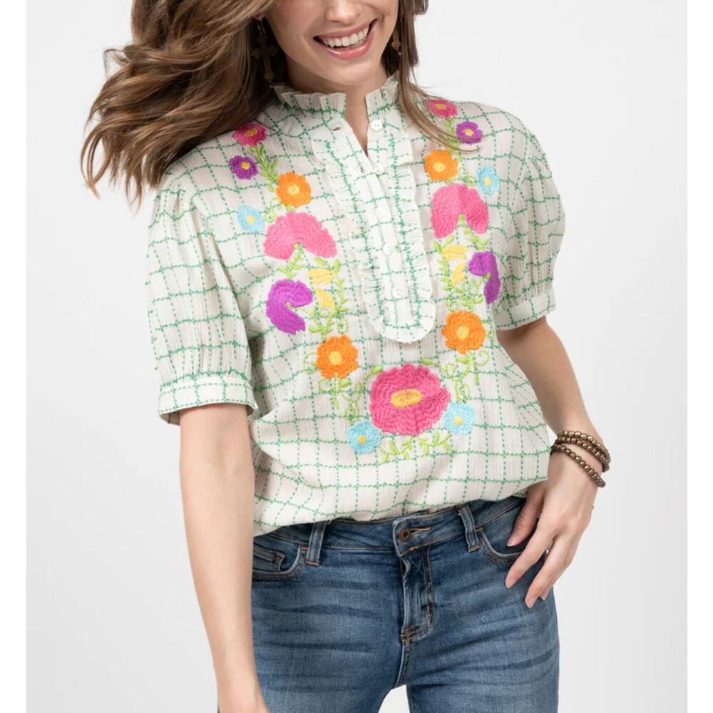 Sister Mary Josephina Blouse Small Floral Embroidery Colorful 100% Cotton Boho - Picture 2 of 10